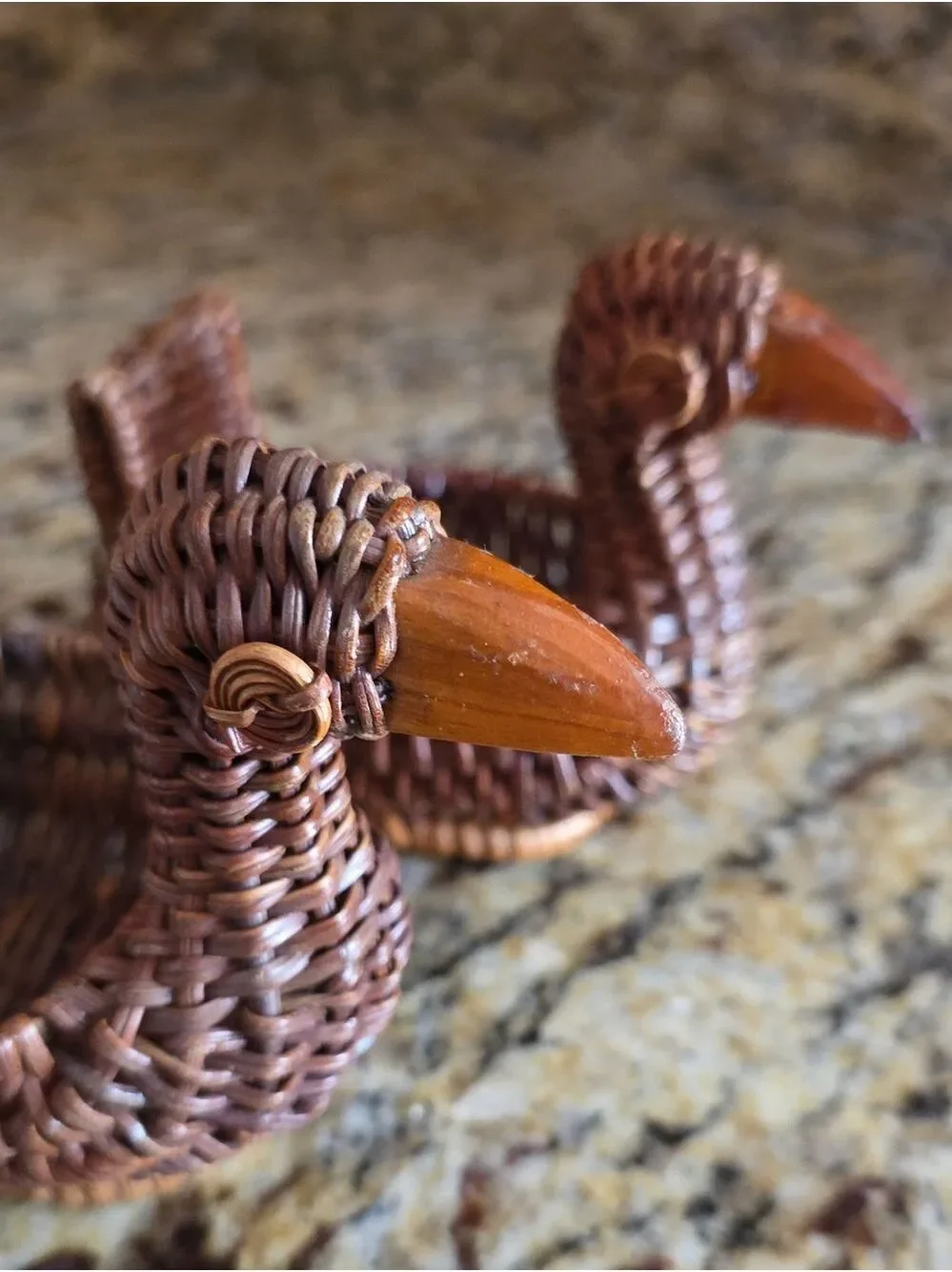 Vintage Mini Wicker/Rattan Duck Baskets (2), Carved Wooden Beaks